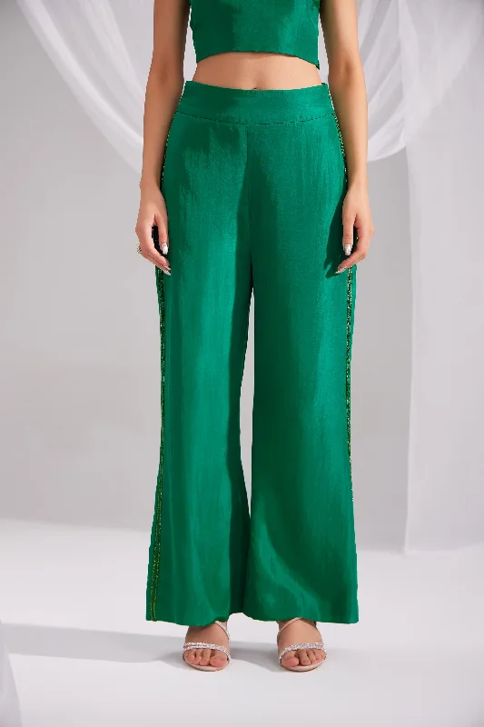 Hand Embroidered Emerald Green Flared Silk Pant