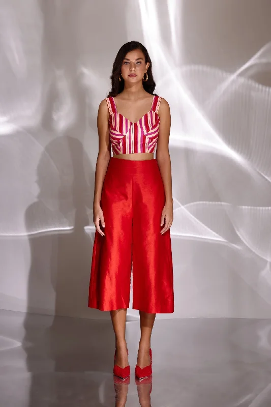 Red Chanderi Silk Embroidered Culottes