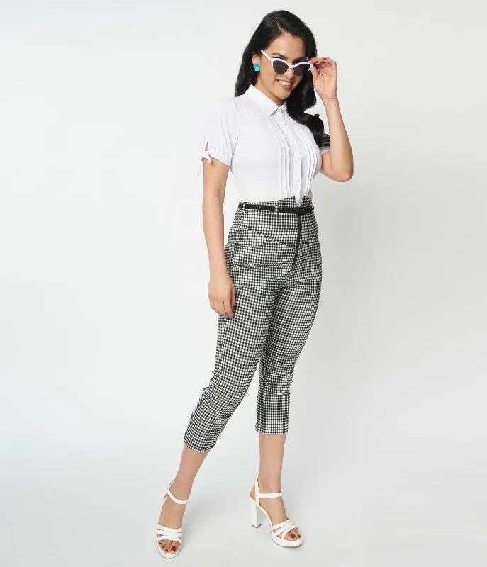 Unique Vintage Black & White Gingham Yoke Waist Capris