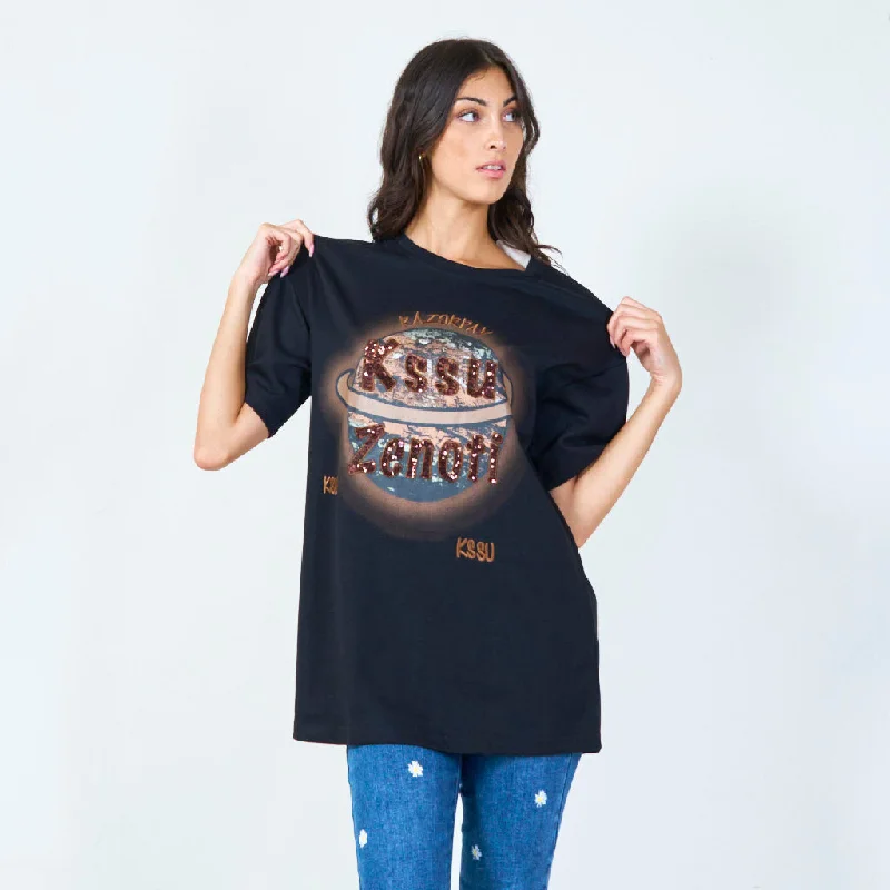 Graphic t-shirt with sequined planet motif wholesale