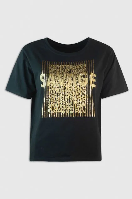 Md'M Black Tshirt With Gold Savage Sequin Print