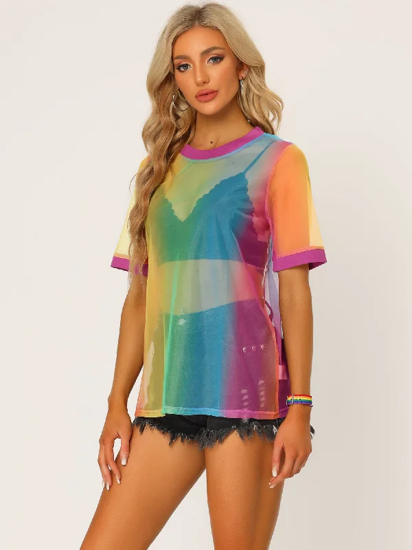 Mesh See Through Short Sleeve Cover Up Sheer T-Shirt