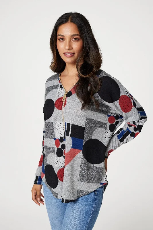 Abstract Print Zip Neck Jumper