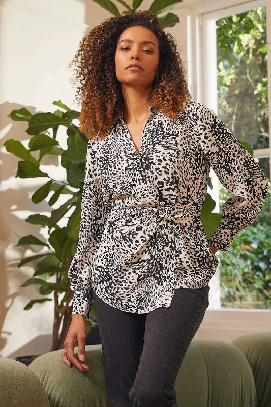 Animal Print Wrap Front Blouse