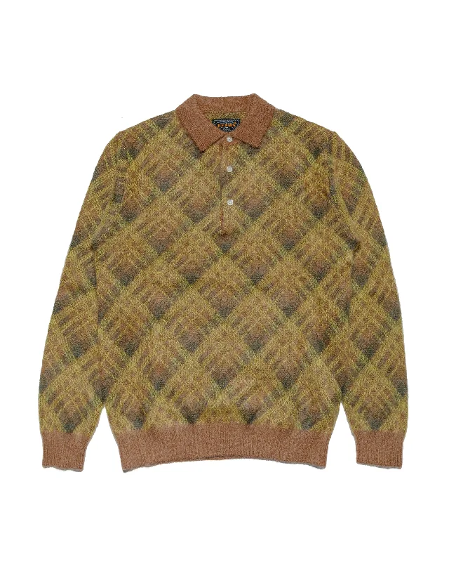 Beams Plus Knit Polo Plaid Brown