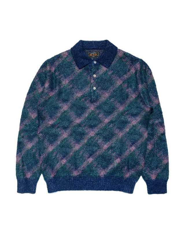 Beams Plus Knit Polo Plaid Navy