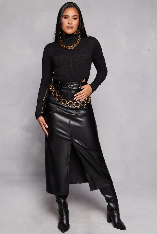 Faux Leather Slit Front Cargo Pocket Skirt