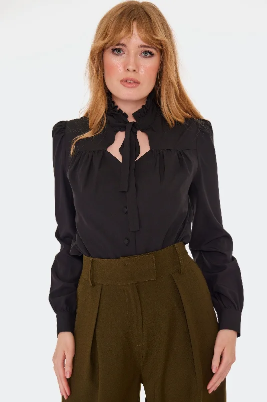 Black Keyhole Tie-neck Button Down Top by Voodoo Vixen