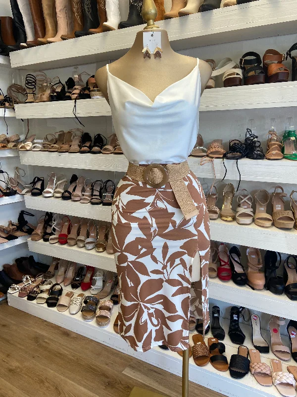 Brown Floral Midi Skirt