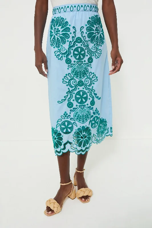 Light Blue and Green Richelieu Midi Skirt