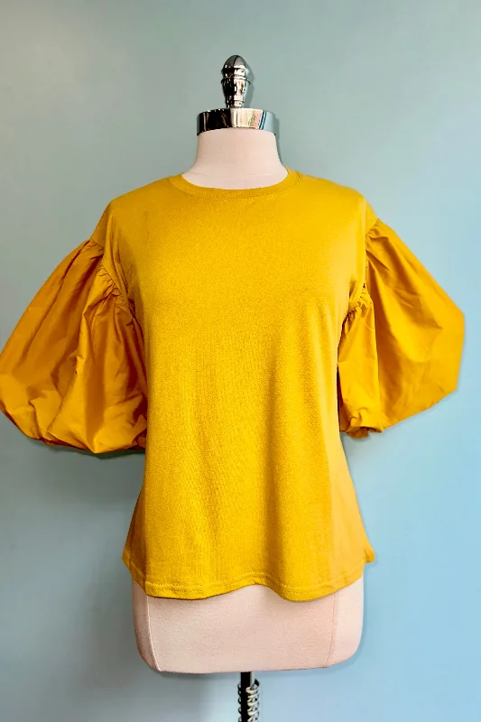 Mustard Jersey Puff Sleeve Top