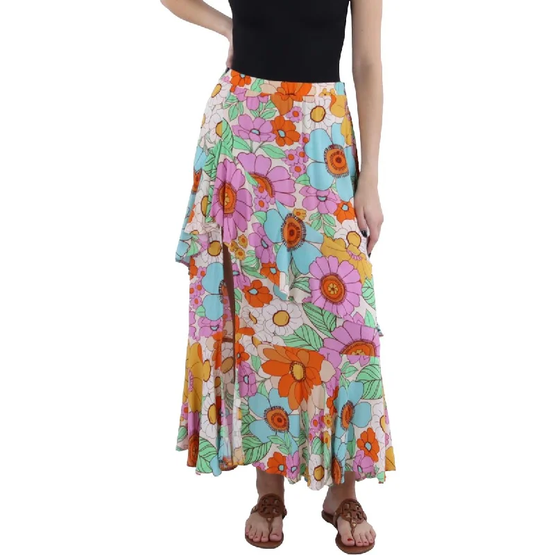 Nala Womens Floral Ruffle Maxi Skirt