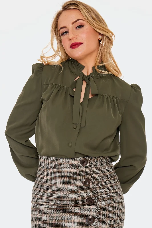 Olive Keyhole Tie-neck Button Down Top by Voodoo Vixen