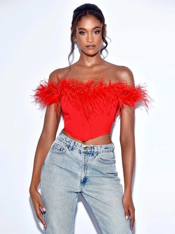 Oralia Red Feather Trim Corset Top