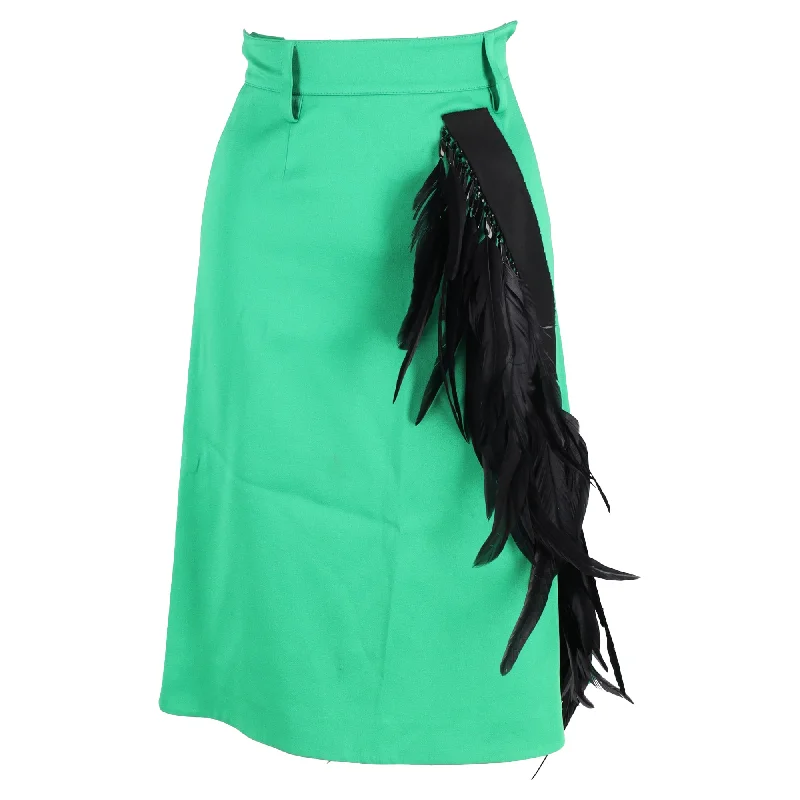 Prada Feather-Trimmed Knee-Length A-Line Skirt in Green Wool