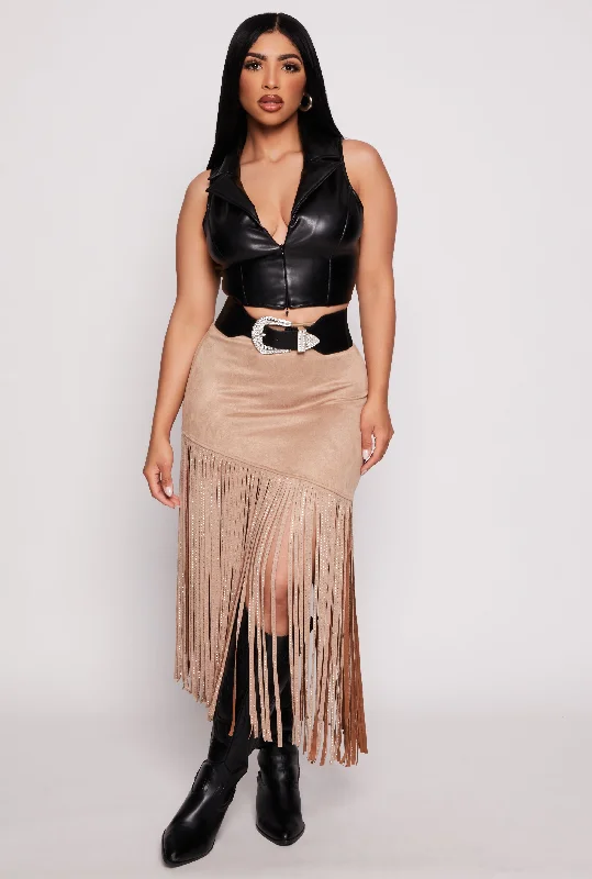 Faux Suede Rhinestone Fringe Skirt