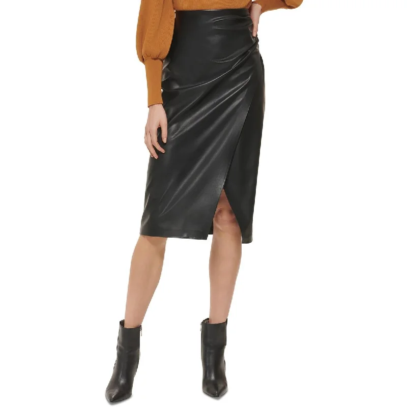 Womens Faux Leather Midi A-Line Skirt