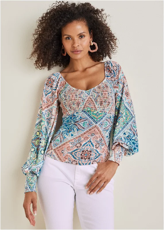 Smocked Printed Top - Boho Tile