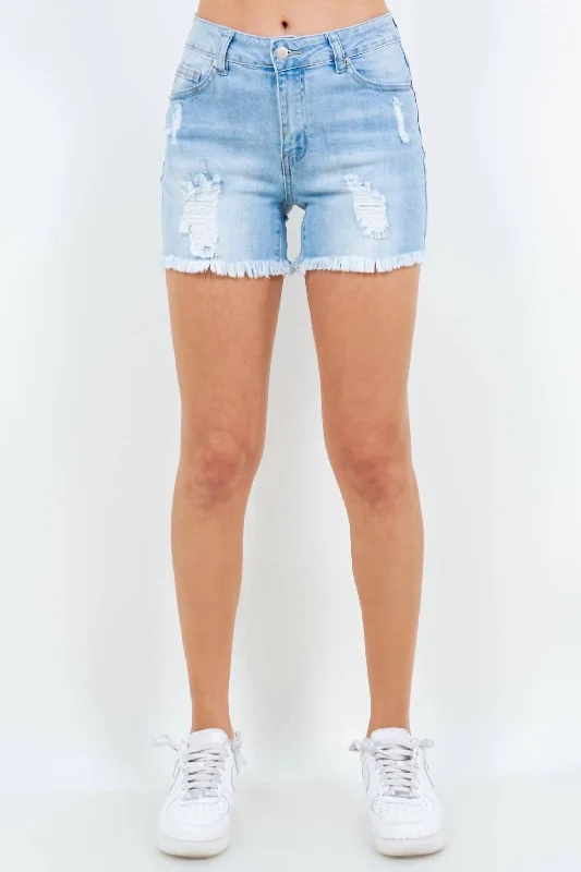 High Waist Distressed Frayed Denim Shorts In Blue