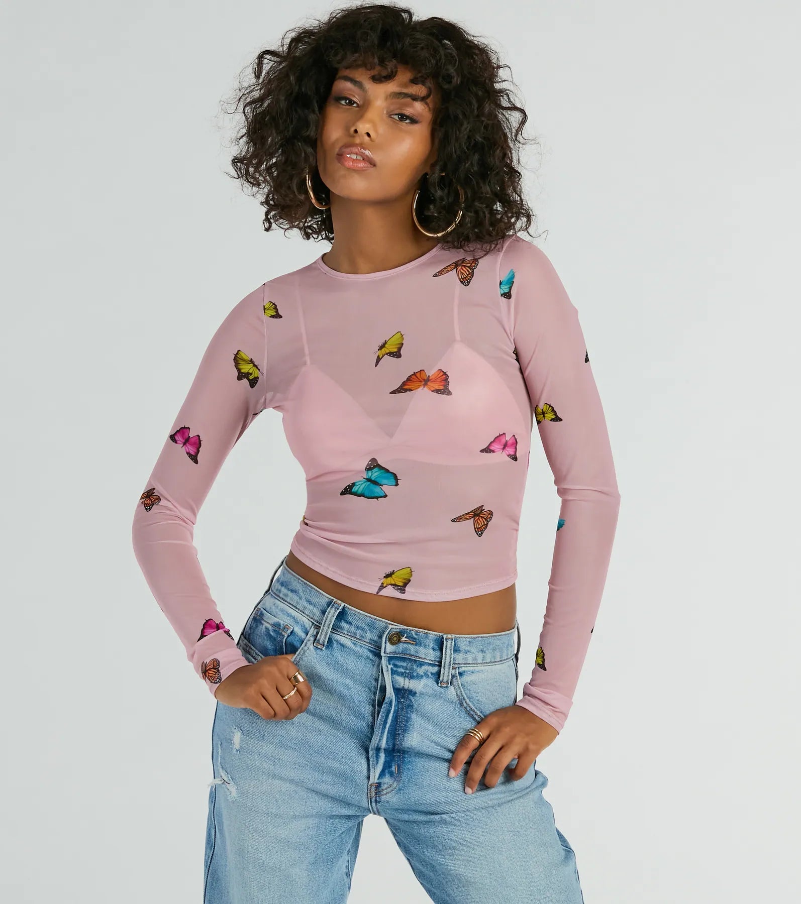 Butterfly Effect Long Sleeve Mesh Crop Top