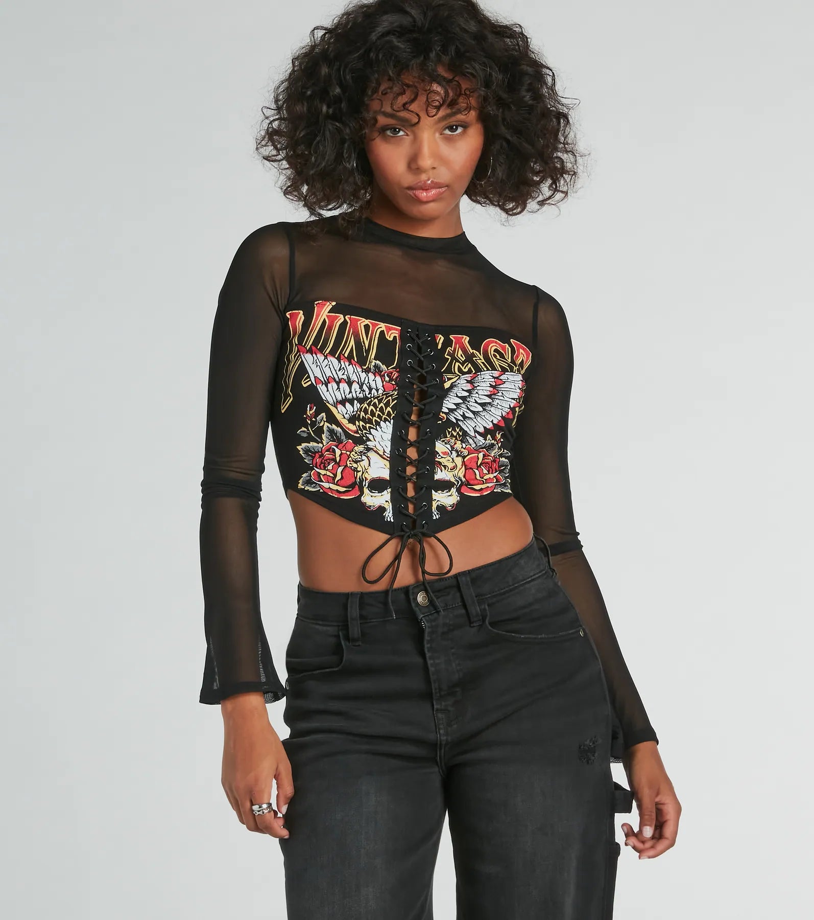 Vintage Lace-Up Mesh Graphic Crop Top