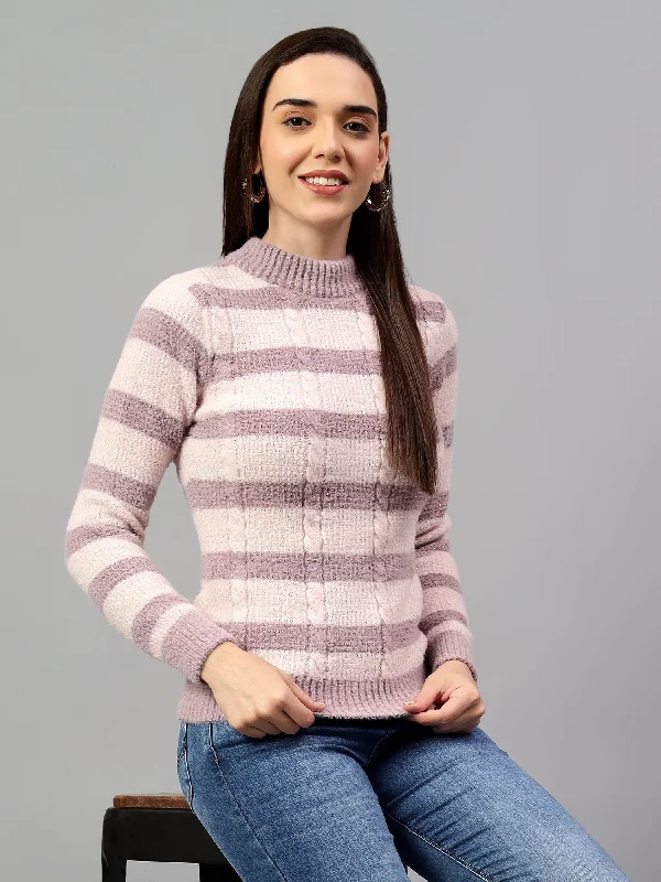 Cantabil Women's Striped Mauve Full Sleeve Casual Sweater